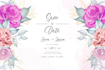 Fototapeta na wymiar elegant wedding invitation design template with watercolor flower and leaves
