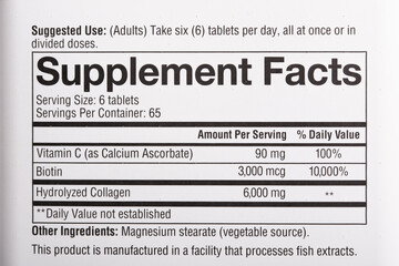 Supplement facts label and serving size of a product. Product ingredient.