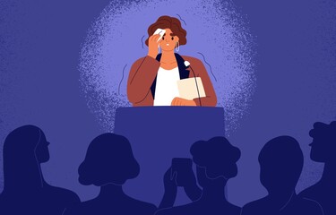 Woman feeling fear and anxiety before stage speech. Nervous shy speaker with fright of audience. Lecturer sweating at public speaking. Glossophobia concept. Flat vector illustration of anxious person
