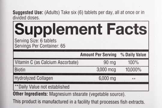 Supplement facts label and serving size of a product. Product ingredient.