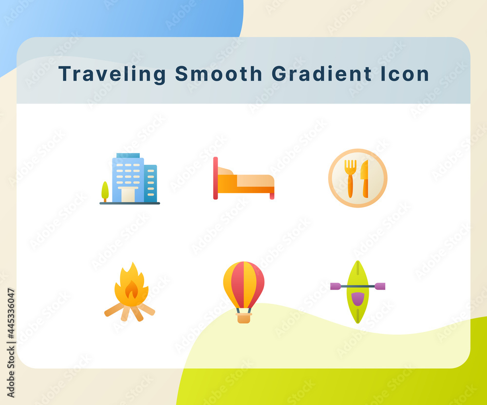 Poster traveling icon icons set collection pack package white isolated background with smooth gradient colo