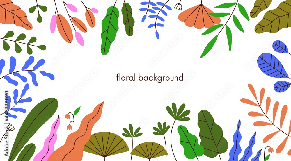Aufkleber floral background with border frame of bright summer leaf, flowers and foliage plants. horizontal ba