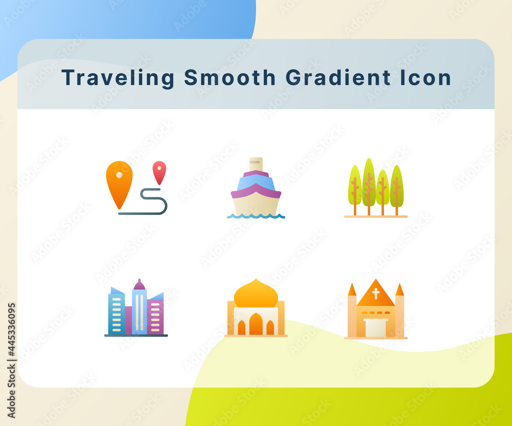 Poster traveling icon icons set collection pack package white isolated background with smooth gradient colo