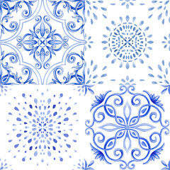 Abstract blue and white hand drawn tile seamless ornamental watercolor paint pattern. Watercolor illustration.