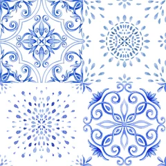 Foto auf Acrylglas Abstract blue and white hand drawn tile seamless ornamental watercolor paint pattern. Watercolor illustration. © Dasha