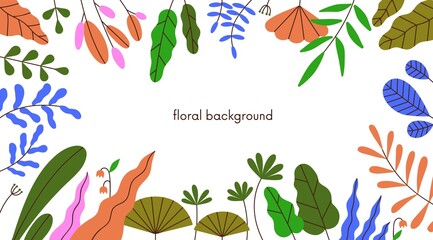 Floral background with border frame of bright summer leaf, flowers and foliage plants. Horizontal banner with abstract spring leaves. Multicolored flat vector illustration of modern botanical backdrop