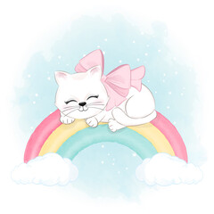 Cute cat sleeping on the rainbow animal watercolor illustration