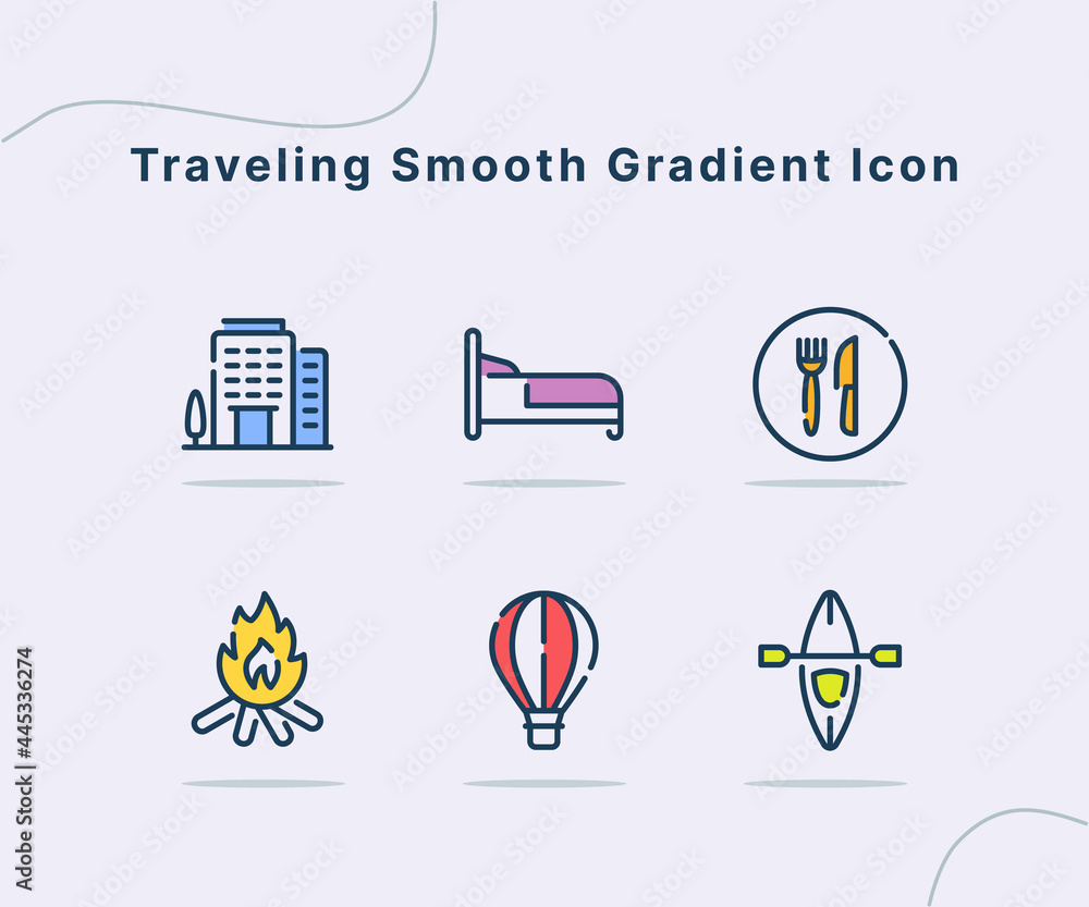 Poster traveling icon icons set collection pack package white isolated background with dash dashed line sty
