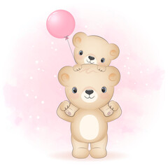 Cute bear carry little bear on back animal watercolor illustration