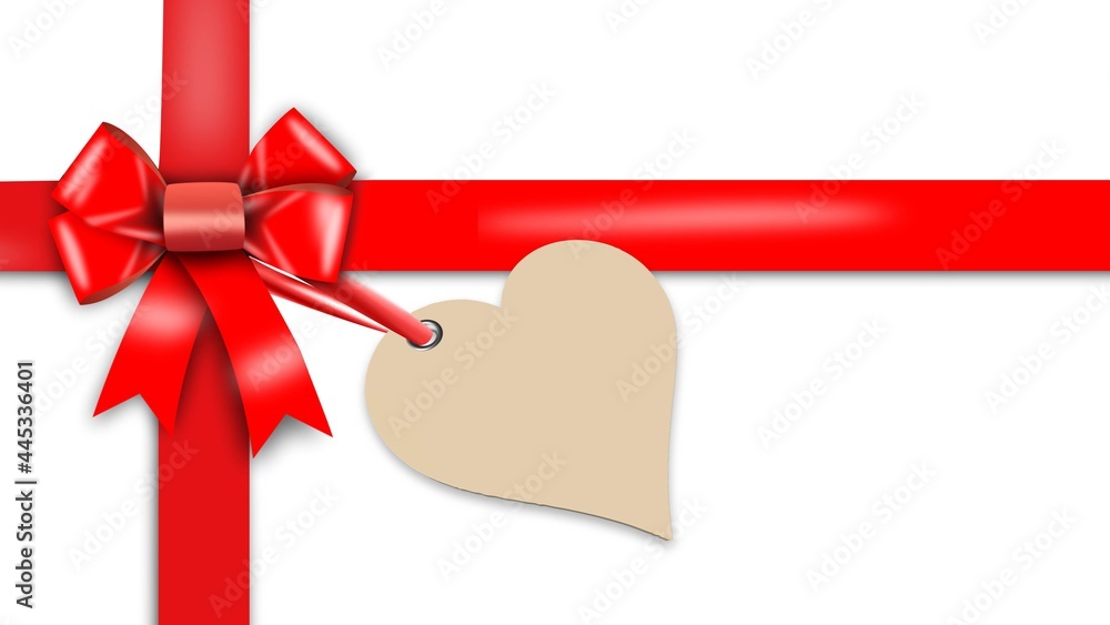 Poster gift bow and ribbon in red - attached label in heart shape with free space for your text - isolated 