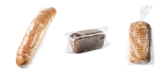 set of various bread (baguette, rye, wheat) in recycled clean plastic package on white background isolated. Selective focus. Assortment for online delivery shop