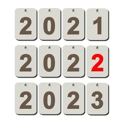 New Year 2022 - year change - digits on single plates hanging on a white wall - 3D illustration