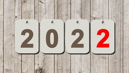 New Year 2022 - year change - digits on single plates hanging on a wooden wall - 3D illustration