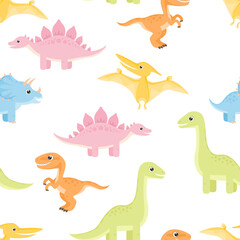 Cute dinosaurs seamless pattern. Childish background with funny cartoon animals. Vector simple flat illustration.