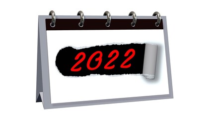 Year 2022 shown on desk calendar inside torn sheet - isolated on white background - 3D illustration