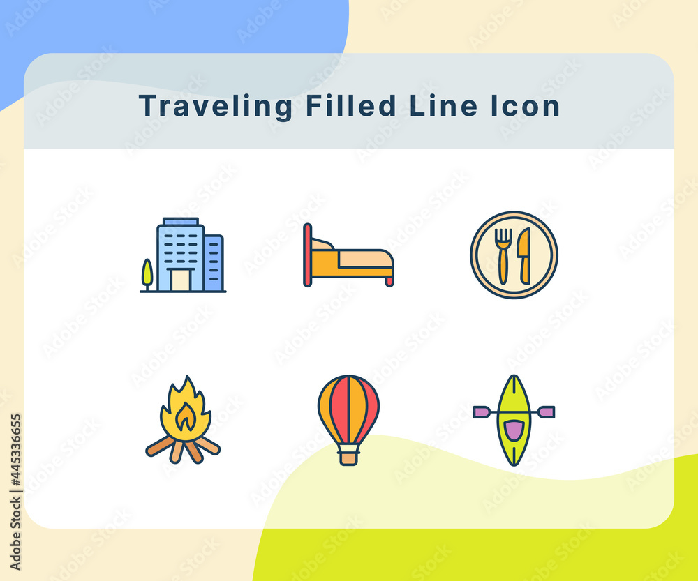 Poster traveling icon icons set collection pack package white isolated background with fill filled color st