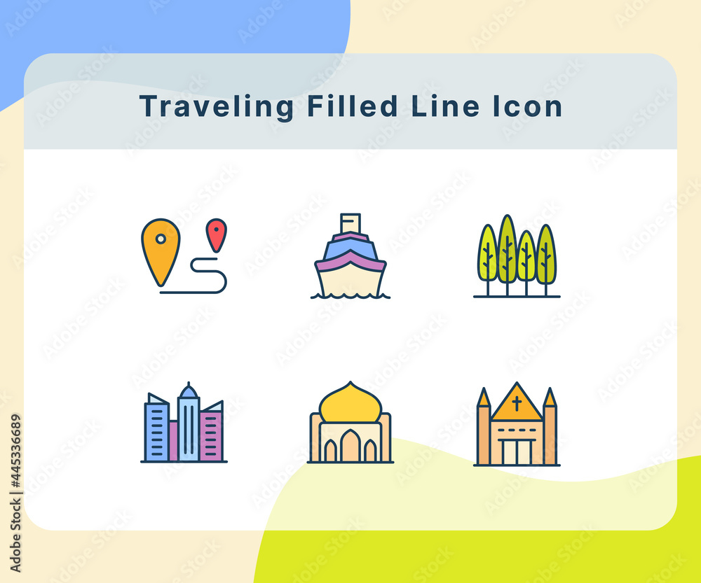 Poster traveling icon icons set collection pack package white isolated background with fill filled color st