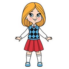 Cute cartoon girl with bob hairstyle dressed in school uniform color variation for coloring page isolated on white background