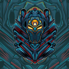 The blue mecha robot illustration is suitable for designing t-shirts or other merchandise - obrazy, fototapety, plakaty