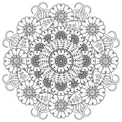 Mehndi flower for henna, mehndi, tattoo, decoration. decorative ornament in ethnic oriental style. doodle ornament. coloring book page.
