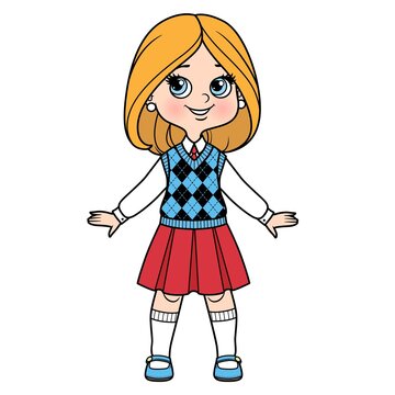 Cute cartoon girl with bob hairstyle dressed in school uniform color variation for coloring page isolated on white background