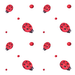 Watercolor seamless pattern with ladybirds and berries on a white background 