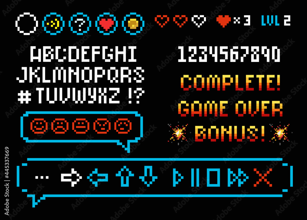 Poster Pixel Art 8 bit Game Font and numbers with icons set speech bubble for space arcade design. Retro pixel alphabet and numbers typeface. Editable pixel font, text bubble and game navigation buttons