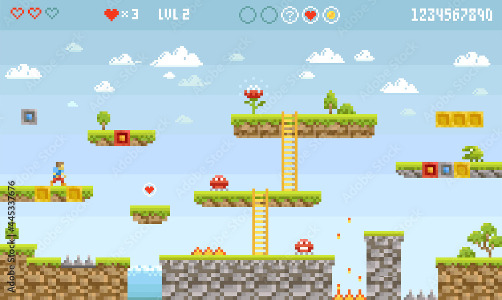 Aufkleber pixel art 8-bit elements for retro video game level design. vintage platform game in 90s style with 