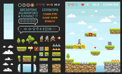 Pixel art 8 Bit arcade video game level design creator of ground, texture, grass, trees, sky, clouds, character, levels. Set of Indie adventure game. Arcade elements for quest design © VRTX
