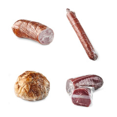 set of various smoked meat delicacies in recycled clean plastic package on white background isolated. Selective focus. Assortment for online delivery shop. 