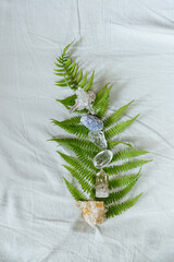 healing gemstones crystals set and green fern leaf on fabric background. Witchcraft Esoteric pagan...