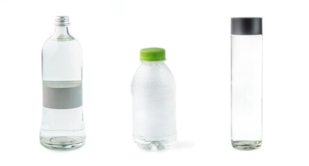 set of various plastic and glass bottles with spring clean water on white background isolated. Selective focus. Assortment for online delivery shop. Copy space for your text
