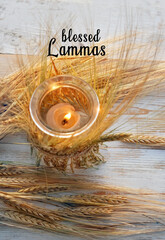 Blessed Lammas - greeting card. handmade candle holder and wheat ears. symbol of Lammas, Lughnasadh pagan holiday. celtic wiccan sabbath