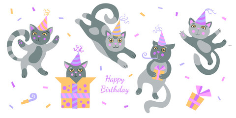 Cute cats in various poses, a birthday cap on the head, the cat is whistling in a birthday whistle, the cat sits in a gift box. Set. Poster, postcard.