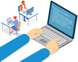 Hands of programmer working on computer. Programming or coding concept. Carton characters work with program code sitting at workplace. IT specialists are engaged in programming. Person writes code