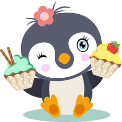 Happy baby penguin with cupcakes