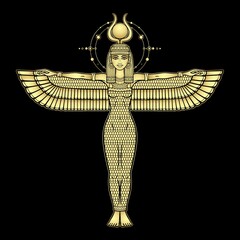 Animation portrait: Egyptian winged goddess Isis with horns and a sun disk on her head. Full growth. Gold imitation. Vector illustration isolated on a black background. Print, poster, t-shirt, tattoo.