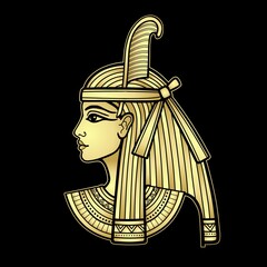 Animation  portrait of beautiful Egyptian woman. Goddess Maat. Gold Imitation. Profile view. Vector illustration isolated on a black background. Print, poster, t-shirt, tattoo.