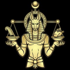 Animation portrait: Egyptian God Anubis measures the human heart and pen on sacred scales. God of death.Gold imitation.  Vector illustration isolated on a black background. Print, poster, t-shirt