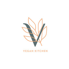 Vegan Kitchen logo design, Leaf with Initial Letter V for Vegetable, Vegetarian, Health Life, Veggie, Fresh and Organic Product logo