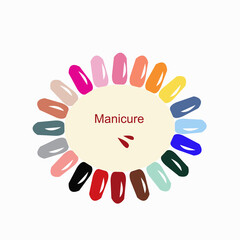 A palette of colors of gel nail polishes for manicure with a copy of the space. The concept of professional nail care.