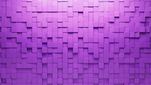 Semigloss, Purple Mosaic Tiles arranged in the shape of a wall. 3D, Polished, Bricks stacked to create a Square block background. 3D Render