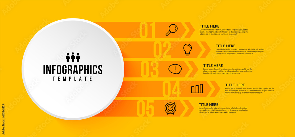 Poster 5 options infographic template on yellow background, business workflow with multiple steps concept