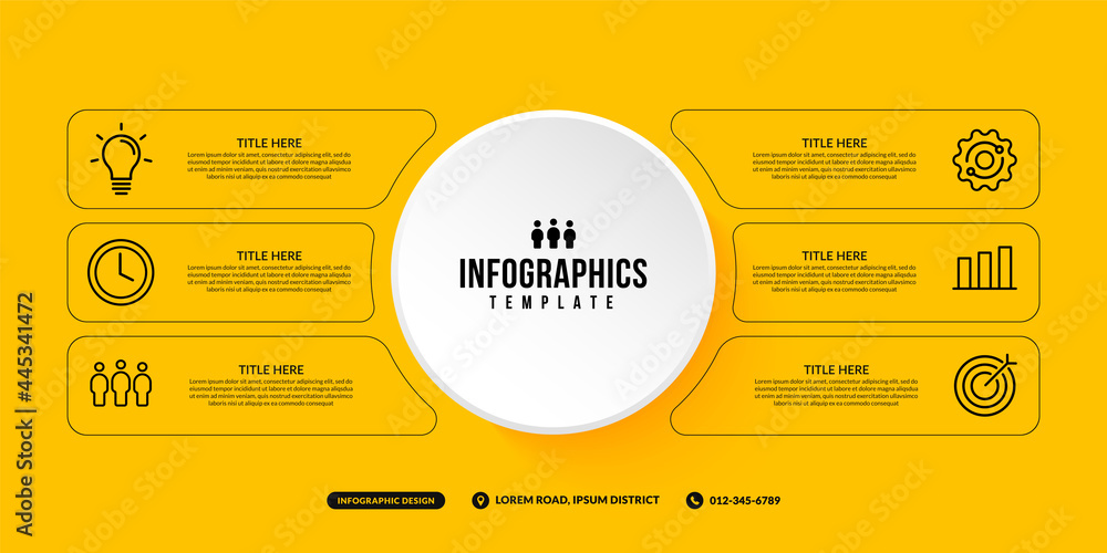 Aufkleber 6 options infographic template on yellow background, business workflow with multiple steps minimal t