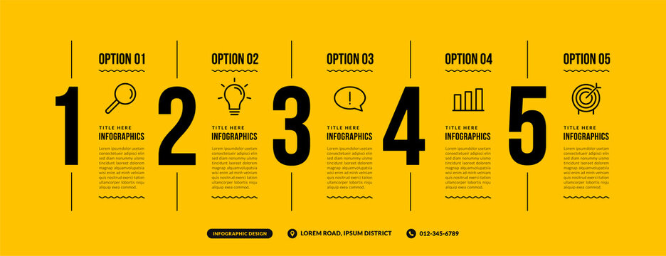 5 Options Infographic Template On Yellow Background, Business Workflow With Multiple Steps In Minimal Thin Line Design