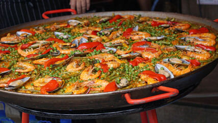 Seafood paella the traditional Spanish dish from Valencia, Close up
