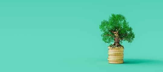 Gold coins stack with growing tree on green background. Stable business concept 3D Rendering, 3D...