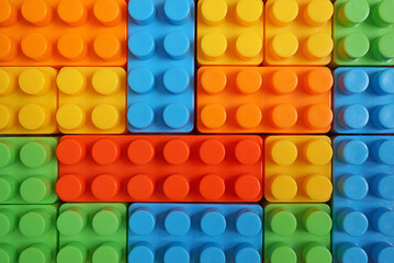 Plastic building blocks pattern background, Colorful toy bricks for kid, Top view