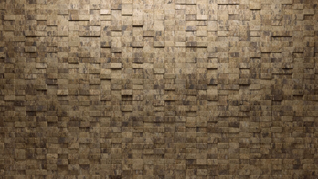Rectangular, Natural Stone Mosaic Tiles arranged in the shape of a wall. 3D, Polished, Bricks stacked to create a Semigloss block background. 3D Render