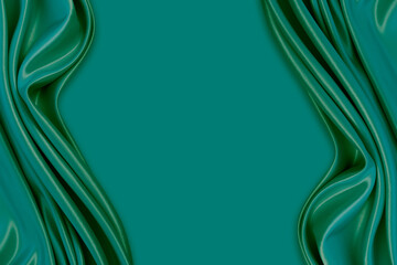 Beautiful elegant wavy emerald green satin silk luxury cloth fabric texture with monochrome background design. Copy space
